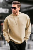 Erkek Düz Bisiklet Yaka Sweat - Bej thumbnail 1