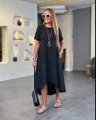 Kadın Kısa Kollu Bisiklet Yaka Asimetrik Kesim ön Viskon Arkası Trikoton Elbise thumbnail 1