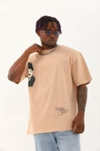 Unisex Oversize Baskılı Bisiklet Yaka T-Shirt - Bej thumbnail 2