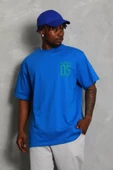 Unisex Oversize Baskılı Bisiklet Yaka T-Shirt - Mavi thumbnail 2