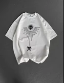 Unisex Bisiklet Yaka Baskılı Oversize T-Shirt - Beyaz thumbnail 3