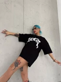 Unisex Bisiklet Yaka Baskılı Oversize T-Shirt - Siyah thumbnail 3