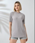 Unisex Bisiklet Yaka Baskılı Slim Fit T-Shirt - Boyalı Gri thumbnail 1