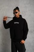 Erkek Üç İplik Baskılı Kapüşonlu Sweat - Siyah thumbnail 3
