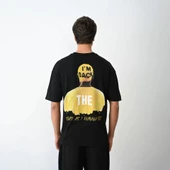 Unisex Bisiklet Yaka Baskılı Oversize T-Shirt - Siyah thumbnail 4