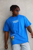 Unisex Bisiklet Yaka Baskılı Oversize T-Shirt - Mavi thumbnail 2