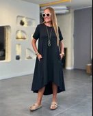 Kadın Kısa Kollu Bisiklet Yaka Asimetrik Kesim ön Viskon Arkası Trikoton Elbise thumbnail 2