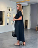 Kadın Kısa Kollu Bisiklet Yaka Asimetrik Kesim ön Viskon Arkası Trikoton Elbise thumbnail 4