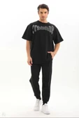 Unisex Oversize Taşlı T-Shirt - Siyah thumbnail 4
