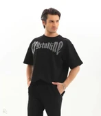 Unisex Oversize Taşlı T-Shirt - Siyah thumbnail 3