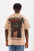 Unisex Baskılı Oversize T-Shirt - Bej thumbnail 2