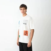 Unisex Bisiklet Yaka Baskılı Oversize T-Shirt - Beyaz thumbnail 3