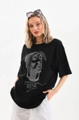 Unisex Taş Desenli Oversize T-Shirt - Siyah thumbnail 1