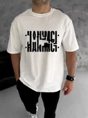Unisex Bisiklet Yaka Katlanan Baskılı T-Shirt - Beyaz thumbnail 1