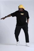 Unisex Bisiklet Yaka Baskılı Oversize T-Shirt - Siyah thumbnail 1