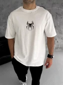 Unisex Bisiklet Yaka Baskılı Oversize T-Shirt - Beyaz thumbnail 1