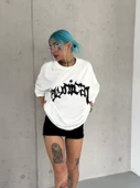 Unisex Bisiklet Yaka Baskılı Oversize T-Shirt - Beyaz thumbnail 2