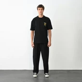 Unisex Bisiklet Yaka Baskılı Oversize T-Shirt - Siyah thumbnail 1