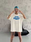Unisex Bisiklet Yaka Baskılı Oversize T-Shirt - Beyaz thumbnail 2