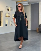 Kadın Kısa Kollu Bisiklet Yaka Asimetrik Kesim ön Viskon Arkası Trikoton Elbise thumbnail 3