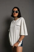 Unisex Bisiklet Yaka Baskılı Oversize T-Shirt - Beyaz thumbnail 2