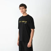 Unisex Bisiklet Yaka Baskılı Oversize T-Shirt - Siyah thumbnail 2