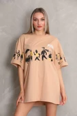 Unisex Bisiklet Yaka Baskılı Oversize T-Shirt - Bej thumbnail 2
