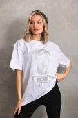 Unisex Taş Desenli Oversize T-Shirt - Beyaz thumbnail 1