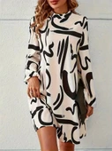 Kadın Uzun Kollu Yarı Balıkçı Yaka Desenli Kısa Dalgıç Elbise thumbnail 1