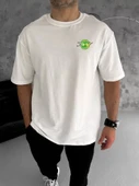 Unisex Bisiklet Yaka Baskılı Oversize T-Shirt - Beyaz thumbnail 1