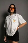 Unisex Bisiklet Yaka Baskılı Oversize T-Shirt - Beyaz thumbnail 1
