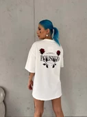 Unisex Bisiklet Yaka Baskılı Oversize T-Shirt - Beyaz thumbnail 2