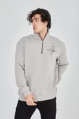 Erkek Yarım Fermuarlı Baskılı Sweat - Boyalı Gri thumbnail 4