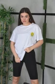 Unisex Bisiklet Yaka Baskılı Oversize T-Shirt - Beyaz thumbnail 1