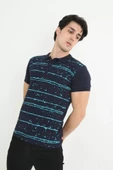 Erkek Yakalı Slim Fit Pike Çizgili T-Shirt - Lacivert thumbnail 2