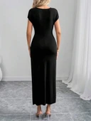 Kadın Yarım Ay Kollu Yuvarlak Yaka önünde Toka Detaylı Modal Maxi Elbise thumbnail 4