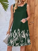 Kadın Askılı Yuvarlak Yakalı Yaprak Desenli Dalgıç Elbise thumbnail 1