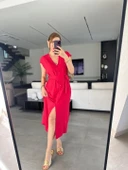 Kadınn V Yaka Düğme Detay Kuşak Dahil Elbise thumbnail 1