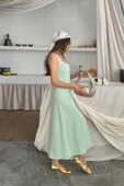 KETEN KOLSUZ KARE YAKA DÜĞME DETAYLI ELBİSE - Mint thumbnail 3