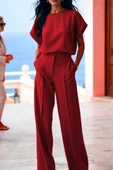 Kadın Kısa Kollu Bisiklet Yaka Bluz Yüksek Bel Cep Detaylı Pantolon Atlas Ikili Takım thumbnail 3