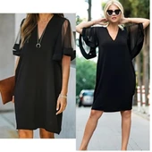 Kadın Tüllü Kısa Kollu V Yaka Krep Elbise thumbnail 2