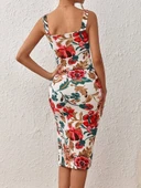 Kadın Askılı Kare Yakalı Yırtmaçlı çiçek Desenli Dalgıç Elbise thumbnail 3