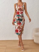 Kadın Askılı Kare Yakalı Yırtmaçlı çiçek Desenli Dalgıç Elbise thumbnail 4