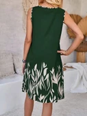 Kadın Askılı Yuvarlak Yakalı Yaprak Desenli Dalgıç Elbise thumbnail 4