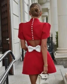 Kadın Atlas Kumaş Iç Astarlı Gizli Fermuarlı Inci Düğme Detaylı Mini Elbise thumbnail 7