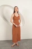 Toka Detaylı Askılı Elbise-Kahve thumbnail 1