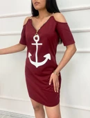 Fermuar Detay çıpa Baskılı Zincir Askılı Iki Iplik Elbise - Bordo thumbnail 2