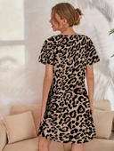 Kadın Kısa Kollu Bisiklet Yaka Leopa Desen Süprem Elbise thumbnail 4
