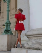 Kadın Atlas Kumaş Iç Astarlı Gizli Fermuarlı Inci Düğme Detaylı Mini Elbise thumbnail 8