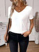 Kadın Kısa Kollu V Yakalı Arkası Dantelli Viskon Bluz thumbnail 2